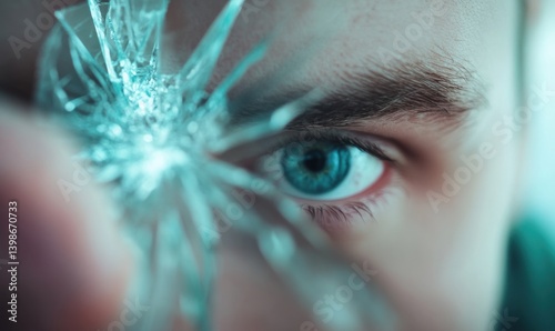 Eye view through shattered glass damage concept close up emotional distress mental health