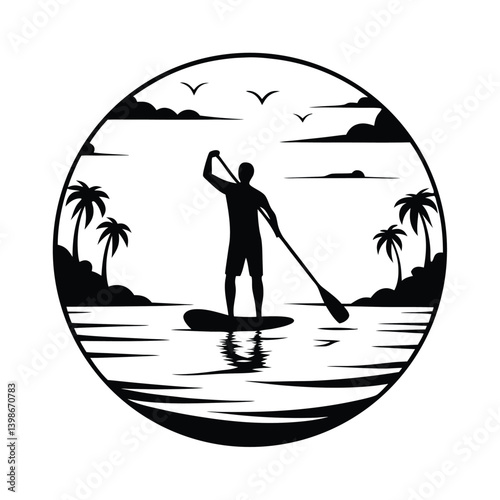Silhouette paddle boarder paddling, tropical island palms, ocean waves, birds, black & white
