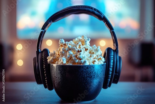 A bowl of popcorn and headphones for a movie night.