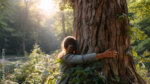 A young woman hugs a massive tree in a sunlit forest, symbolizing mindfulness, nature connection, and environmental care in a peaceful natural setting.