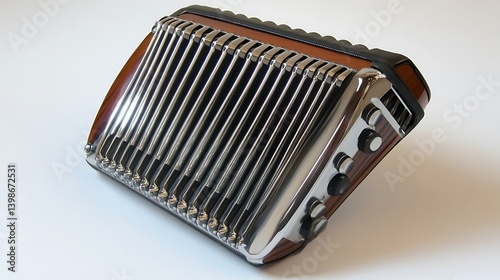 Close up of a shiny silver and brown button accordion on white surface