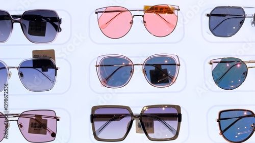 Multiple pairs of sunglasses with various frame shapes and lens colors are neatly arranged on a white wall, creating a visually appealing and organized presentation. Sunscreen glasses concept in store