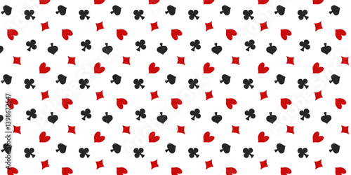Seamless pattern with red and black crayon drawn hearts, diamonds, clubs, spades. Gambling game, casino symbol vector illustration. Hand drawn vector funky wrapping paper with abstract card suits.