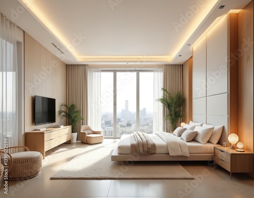 Modern bedroom interior design with large bed, bedside tables, window and city view. Stylish decor includes lamps, armchair, carpet and TV. Elegant and comfortable interior of home hotel apartment.
