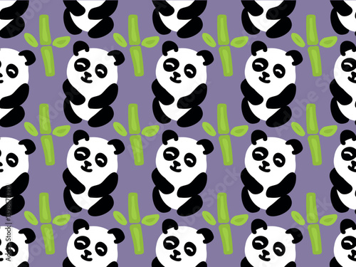 Funny, cute panda bear and bamboo. Seamless vector pattern. 