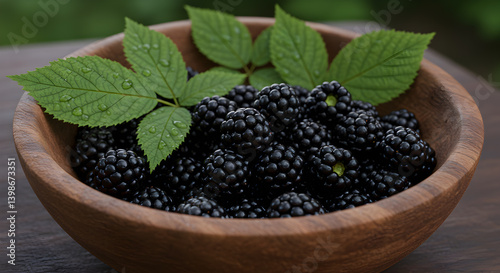Ripe Blackberries In Wooden Bowl With Leaves Freshly Picked Still Life photo
