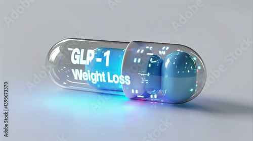 GLP-1 weight loss capsule glowing with blue light, representing modern pharmaceutical solutions for obesity management and healthy lifestyle concept