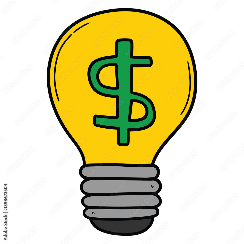 Hand drawn cartoon yellow light bulb with green dollar sign on white background. Hand drawn cartoon yellow light bulb with green dollar sign on white background.