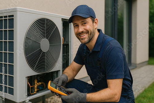 Expert technician performs maintenance on heat pump system at residential property in warm weather