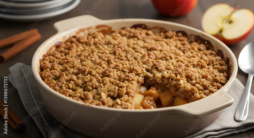 Warm Gluten Free Cinnamon Apple Crumble with Oat Topping Still Life Warm Gluten Free Cinnamon Apple Crumble with Oat Topping Still Life