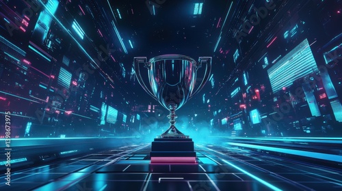 E-Sports winner trophy on futuristic view of night sky filled with advanced technology neon lights. Generative AI.