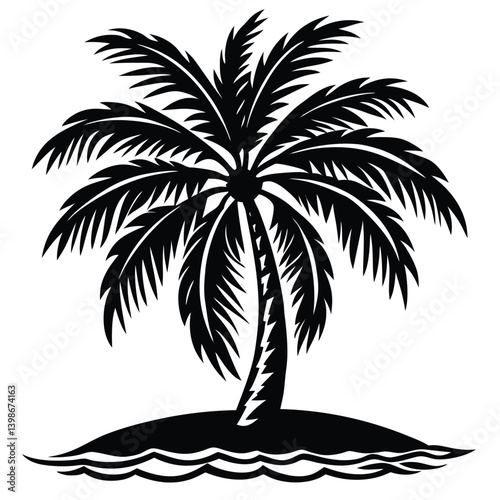 Silhouette Tropical Island with Palm Trees, Ocean Waves, and Clouds