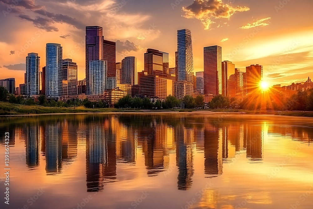 Fototapeta premium A stunning city skyline at sunset with skyscrapers reflecting light