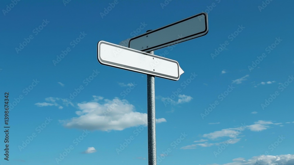 Direction Signpost Against a Clear Vibrant Blue Sky with Two Blank Signs, Inviting Exploration and Clarity in a Daytime Setting, Perfect for Travel or Navigation Themes Direction Signpost Against a Clear Vibrant Blue Sky with Two Blank Signs, Inviting Exploration and Clarity in a Daytime Setting, Perfect for Travel or Navigation Themes