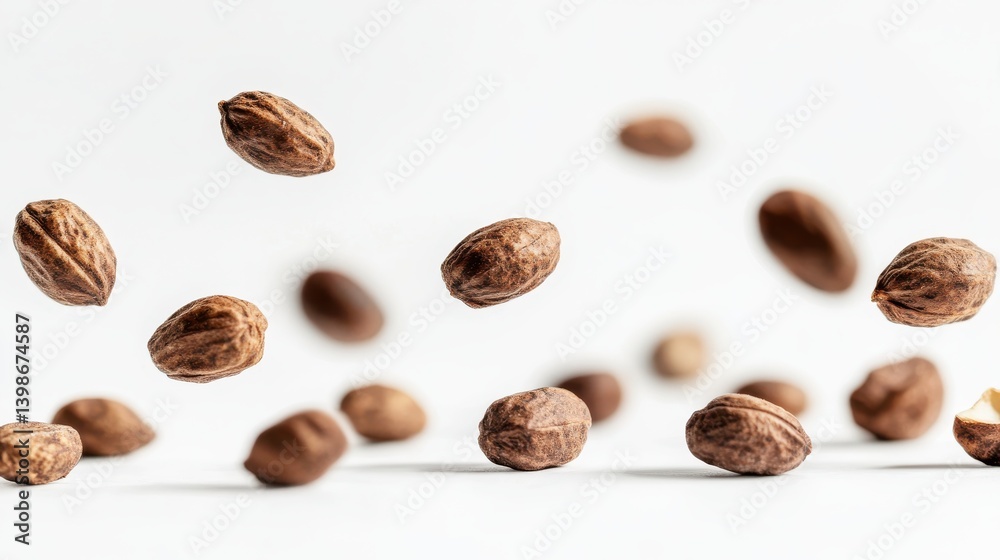 falling ripe shea nuts on white background, full depth of field,white background. falling ripe shea nuts on white background, full depth of field,white background.