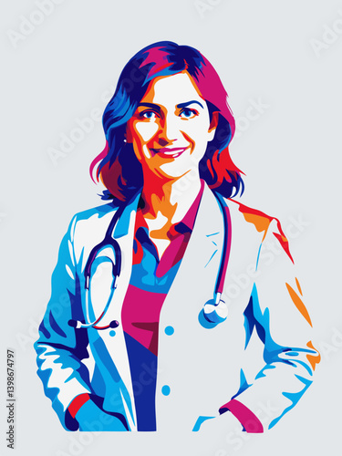 Portrait of a female doctor in pop art style with vibrant colors for healthcare and profession concept