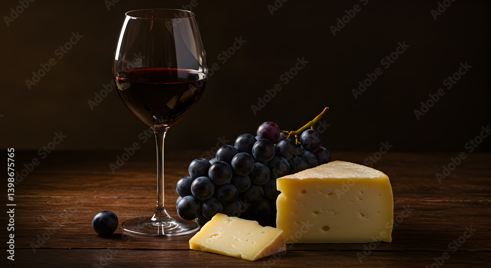 Elegant Still Life of Red Wine Grapes and Aged Cheese on Dark Wood Elegant Still Life of Red Wine Grapes and Aged Cheese on Dark Wood