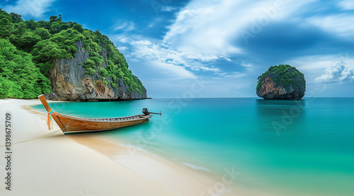 Scenic longtail boat on a pristine tropical sandy beach