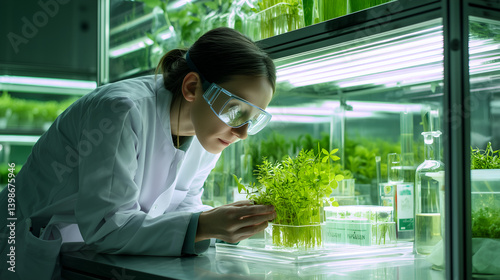 Scientist analyzing leafy greens in a futuristic lab environment, focusing on sustainable food innovation, biotechnology, and agricultural research.