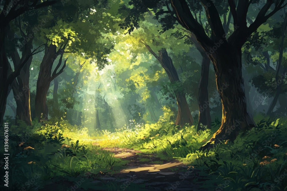 Fototapeta premium A sunlit path through a green forest