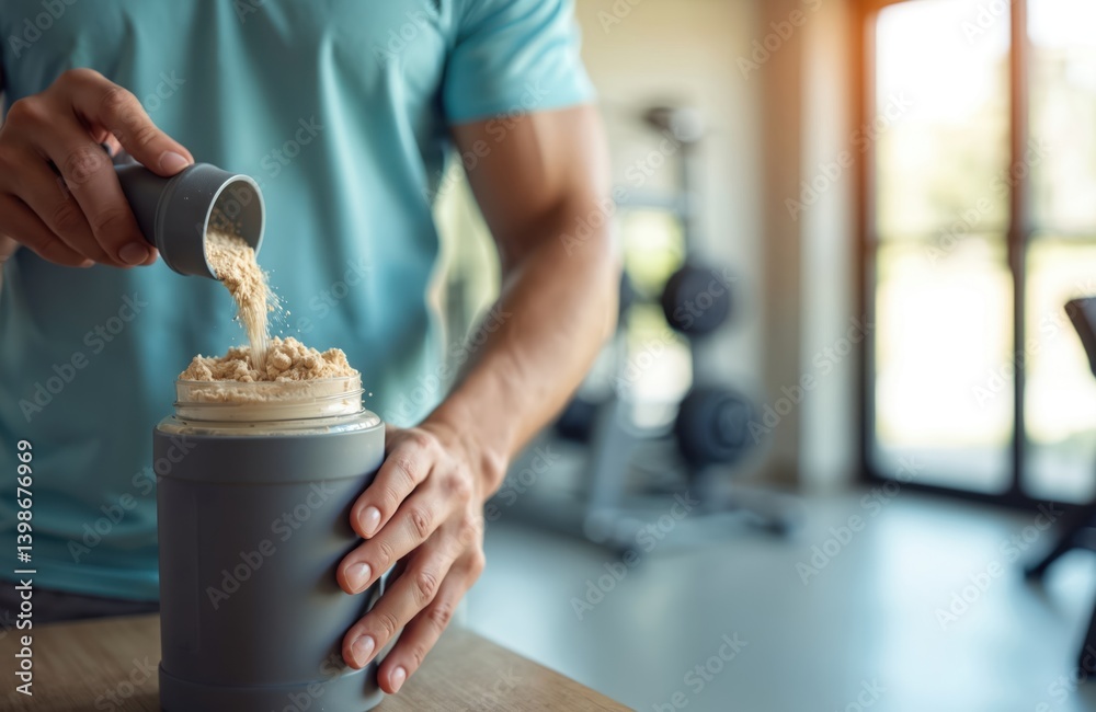 Man pouring whey protein powder into shaker bottle. Preparing protein shake at gym. Healthy lifestyle concept. Sport, nutrition supplements for body building, weight gaining, dieting, fitness, health.