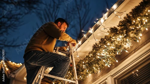 A father setting up Christmas lights on the roof, with a ladder and lights strewn about