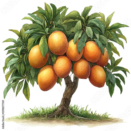 illustration of Mango Tree, watercolor vector, isolated on a white background.