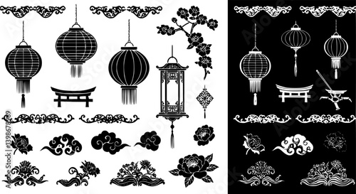 Asian design element set. Vector decorative collection of patterns, lanterns, flowers , clouds, ornaments in chinese and japanese style
