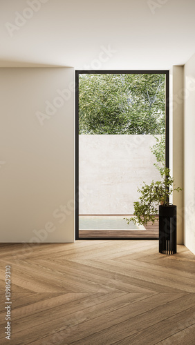 Empty minimalist room with natural light, wooden flooring, and a neutral wall, perfect for showcasing artwork or creative interior concepts. 3D render.