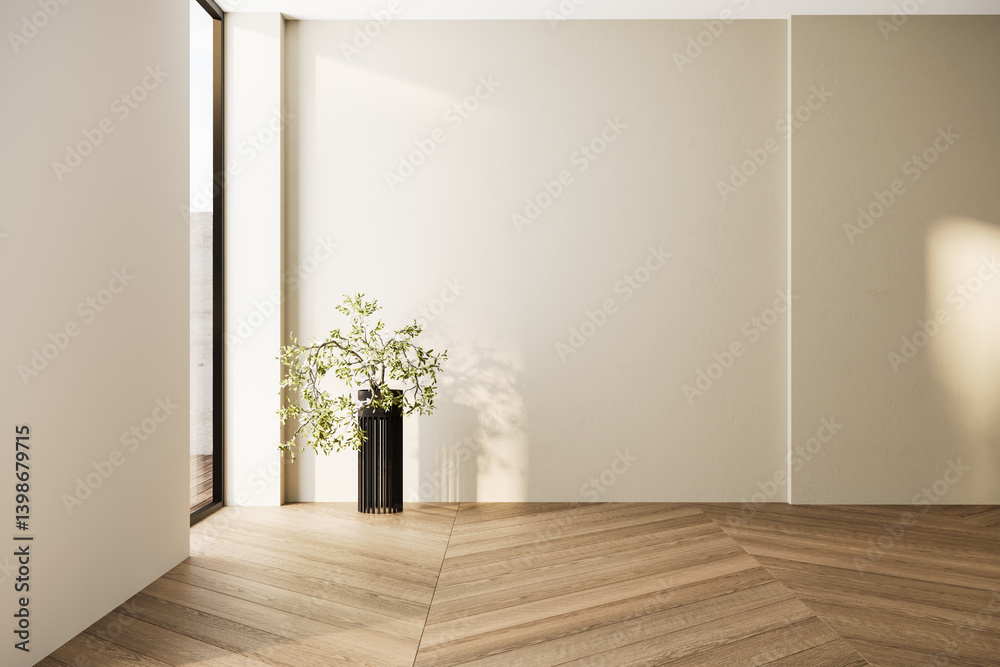 Fototapeta premium Empty minimalist room with natural light, wooden flooring, and a neutral wall, perfect for showcasing artwork or creative interior concepts. 3D render.