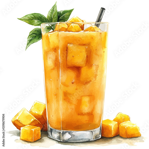 Mango Lassi, watercolor illustration, isolated on a white background.

