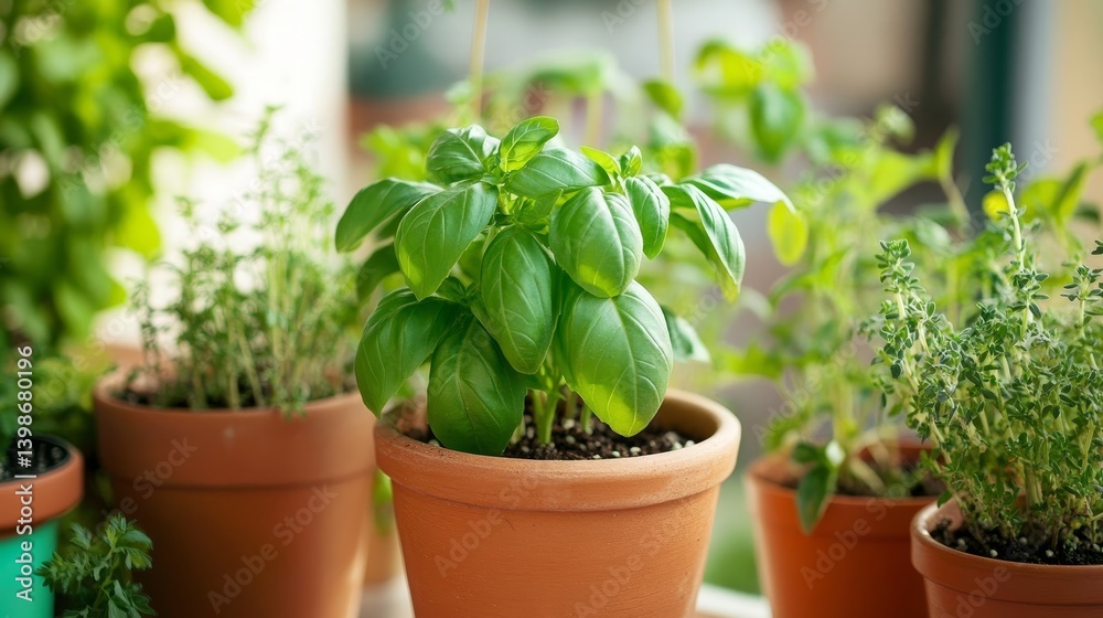 Fototapeta premium Indoor Herb Garden: Vibrant Potted Basil and Mediterranean Herbs for Eco-Friendly Home Gardening
