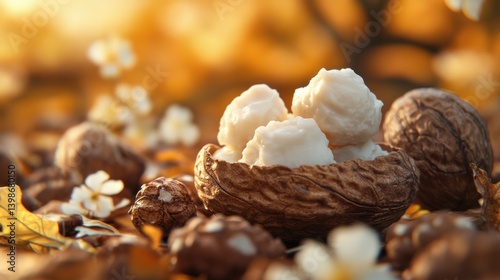 Gorgeous Shea Nuts Revealing Rich Shea Butter in Natural Setting Generative AI.