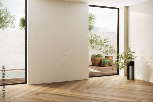Empty minimalist room with natural light, wooden flooring, and a neutral wall, perfect for showcasing artwork or creative interior concepts. 3D render.
