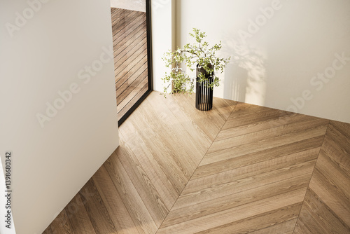 Top view of an empty interior with chevron wood flooring, soft lighting, and minimal decor. Ideal for backgrounds, mockups, or interior design presentations. 3D render.