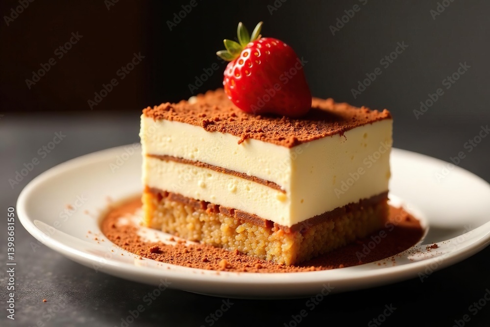 Close-up view of a single serving of tiramisu, showing texture and layers , ladyfingers, food, cuisine Close-up view of a single serving of tiramisu, showing texture and layers , ladyfingers, food, cuisine