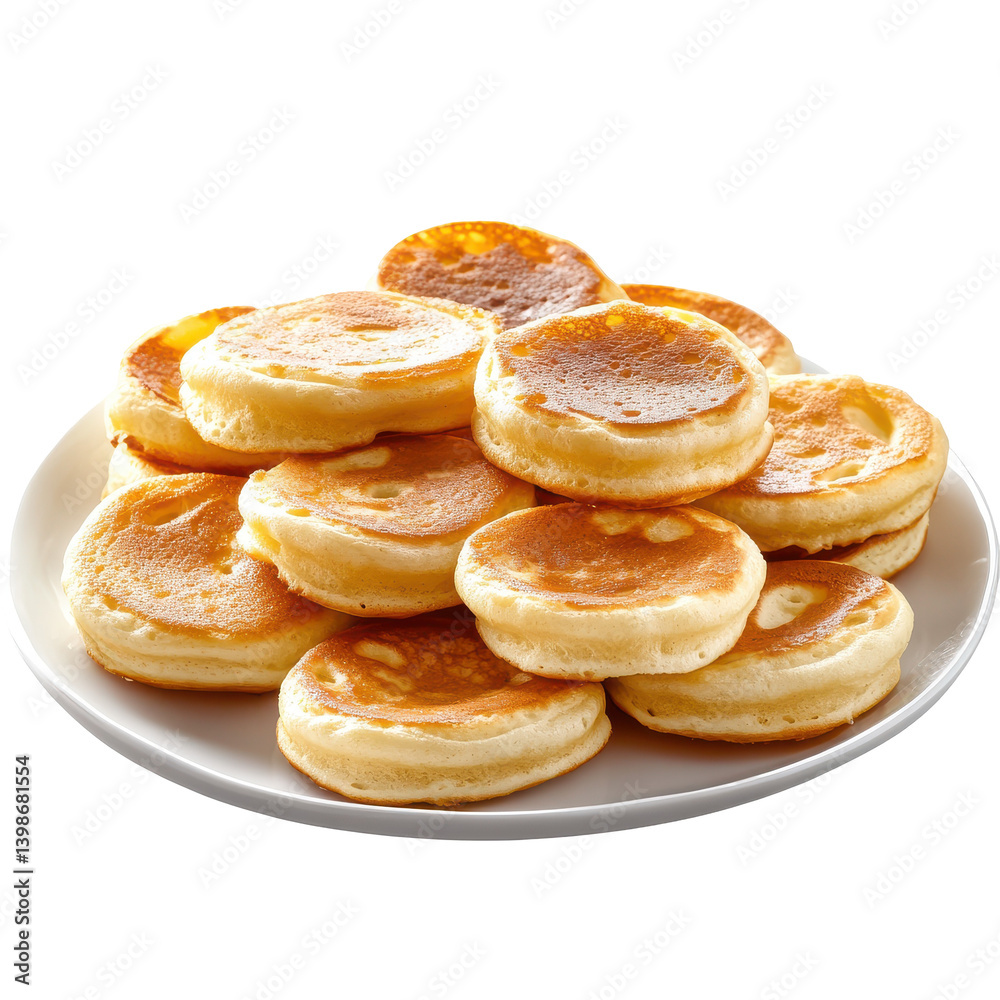 Stack of golden pancakes on a white plate, showcasing a delicious breakfast scene Stack of golden pancakes on a white plate, showcasing a delicious breakfast scene