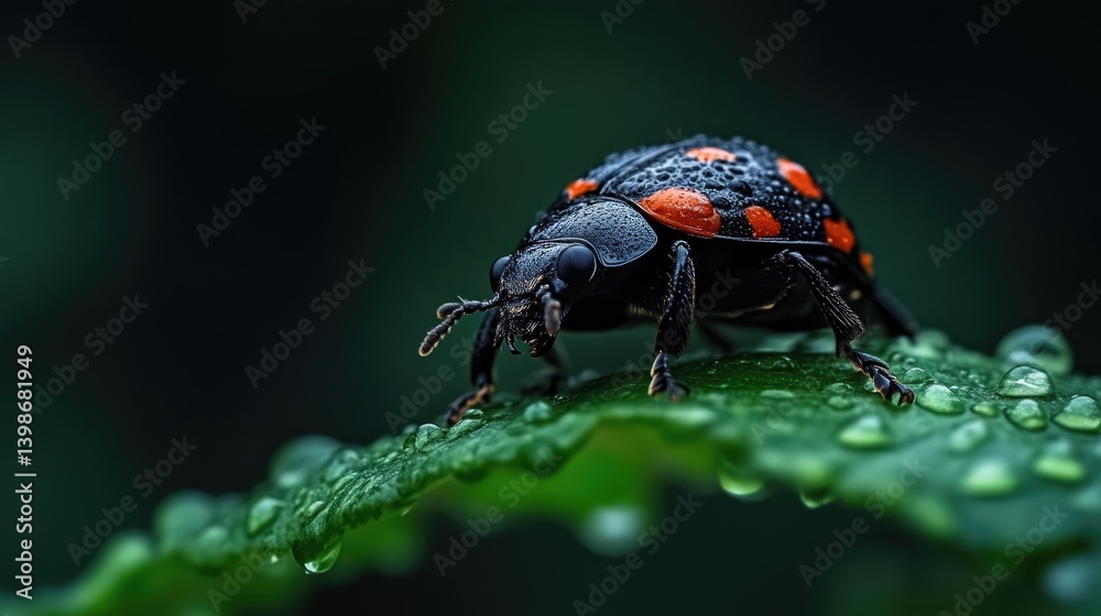 Naklejka premium Close-up of a ladybug on a dewy leaf. A vibrant, detailed view of a small ladybug with red spots on its black shell, positioned on a green leaf covered in water droplets.