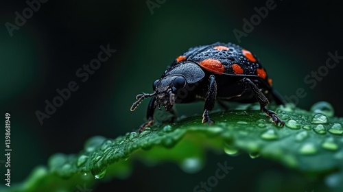 Close-up of a ladybug on a dewy leaf.  A vibrant, detailed view of a small ladybug with red spots on its black shell, positioned on a green leaf covered in water droplets.