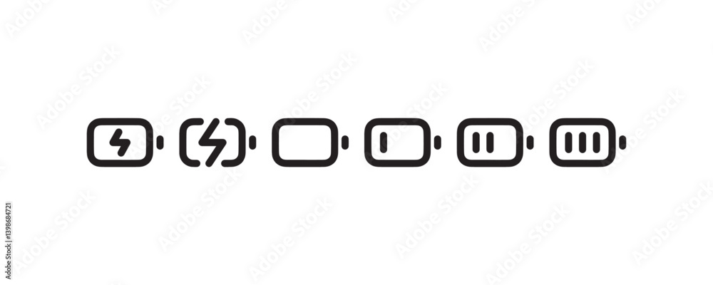 Battery charge level and power icons set Vector Battery charge level and power icons set Vector
