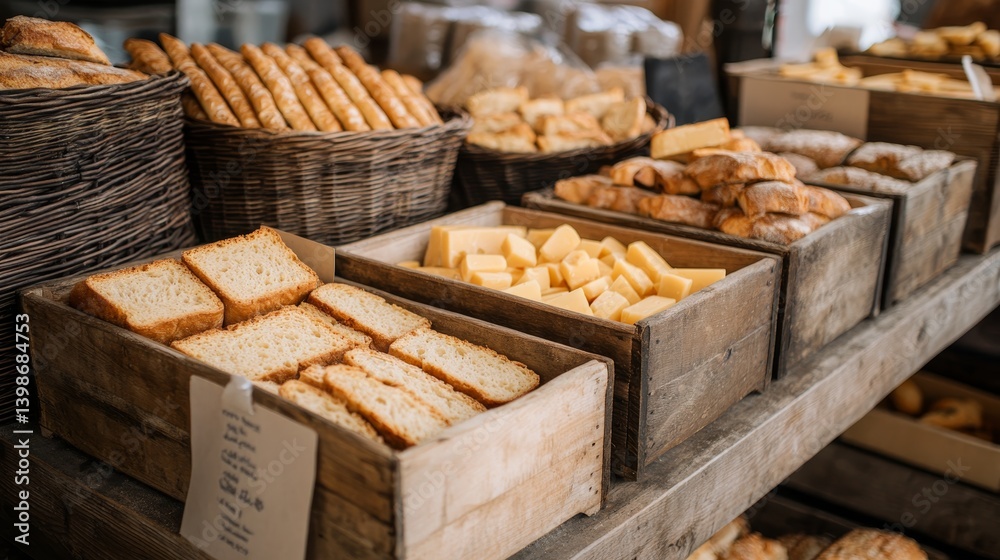 Close-up view of rustic wooden trays filled with aged cheeses, loaves of bread, and breadsticks at a charming local farmers market Close-up view of rustic wooden trays filled with aged cheeses, loaves of bread, and breadsticks at a charming local farmers market