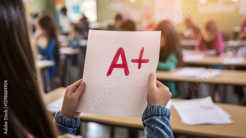Successful Student Celebrating A+ Grades After Examination in Classroom - Academic Achievement and Education Motivation
