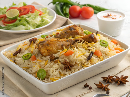 A white Plate of Chicken Biryani Served with Fresh Salad 