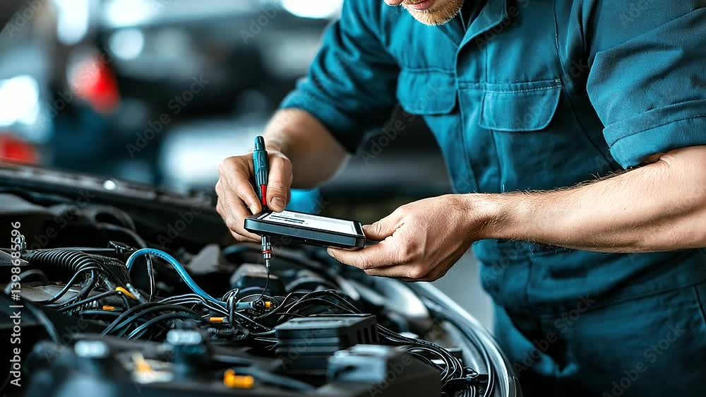 An auto mechanic using a diagnostic tool to test car wiring, his hands gripping the device firmly while he analyzes the readings. An auto mechanic using a diagnostic tool to test car wiring, his hands gripping the device firmly while he analyzes the readings.