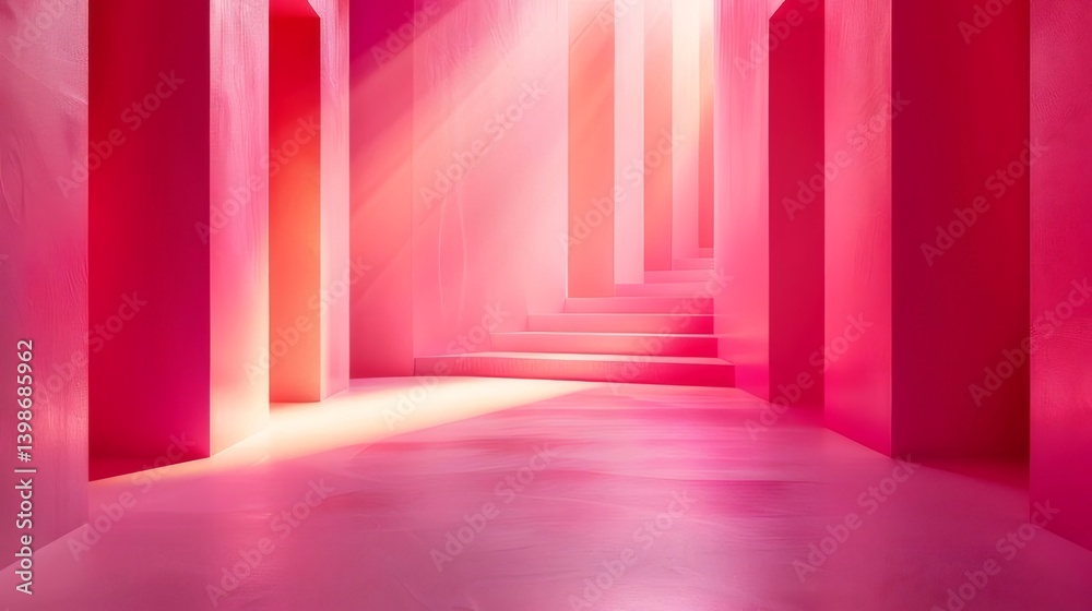 Pink Geometric Corridor With Staircase and Light Creating Abstract Interior Design Pink Geometric Corridor With Staircase and Light Creating Abstract Interior Design