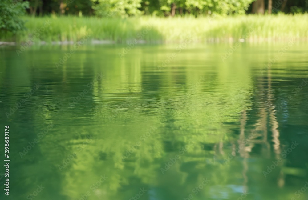 Green leaves reflect in calm water. Tranquil scene. Nature background. Trees, plants, grass on water edge. Calm water surface with rippled effect. Summer season beauty. Green leaves reflect in calm water. Tranquil scene. Nature background. Trees, plants, grass on water edge. Calm water surface with rippled effect. Summer season beauty.