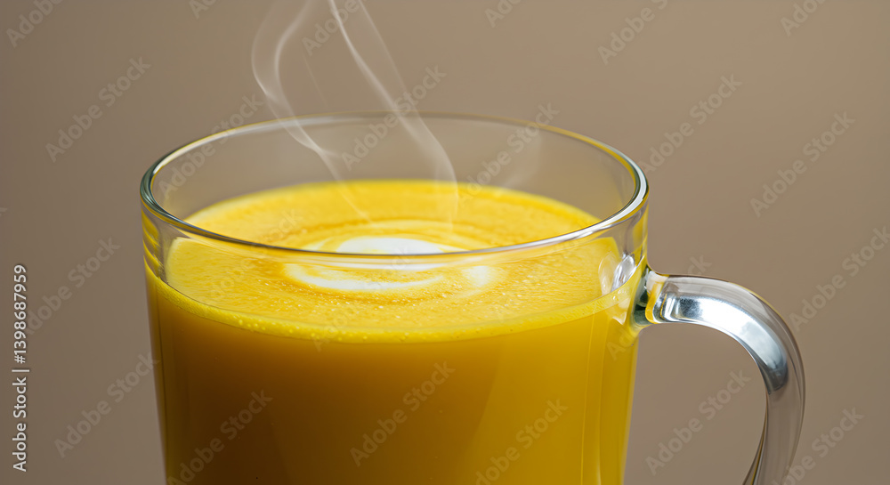 Golden Turmeric Latte with Coconut Milk in a Glass Cup Close Up Golden Turmeric Latte with Coconut Milk in a Glass Cup Close Up