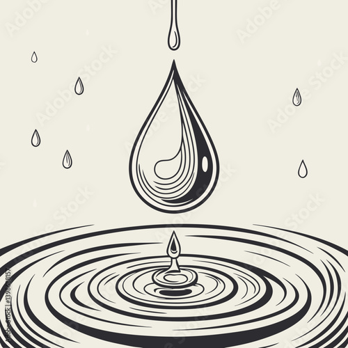 Stylized Black and White Water Drop Impact Ripples Line Art Illustration