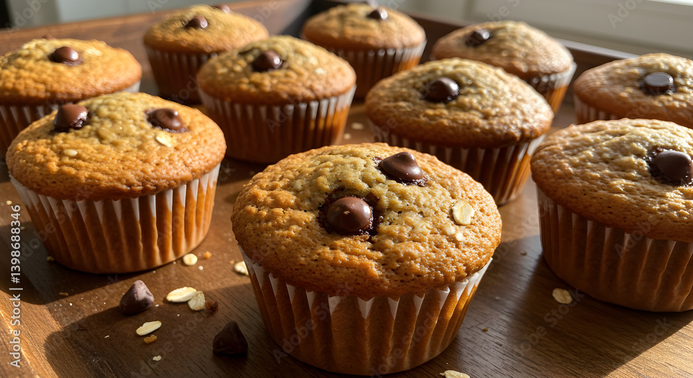 Delicious Homemade Oat Muffins With Chocolate Chips On Wooden Tray Delicious Homemade Oat Muffins With Chocolate Chips On Wooden Tray
