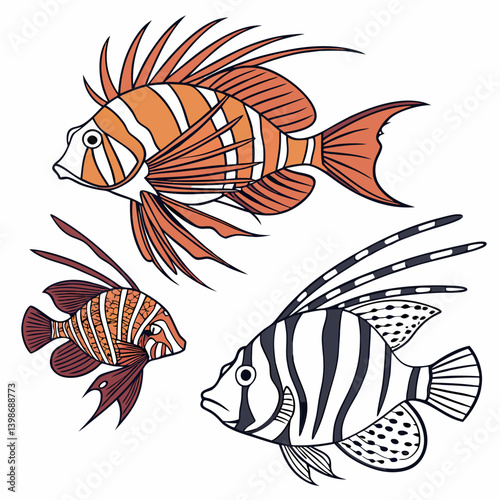 Colorful Lionfish Illustrations - Orange Black Spiky Fins Vector Art